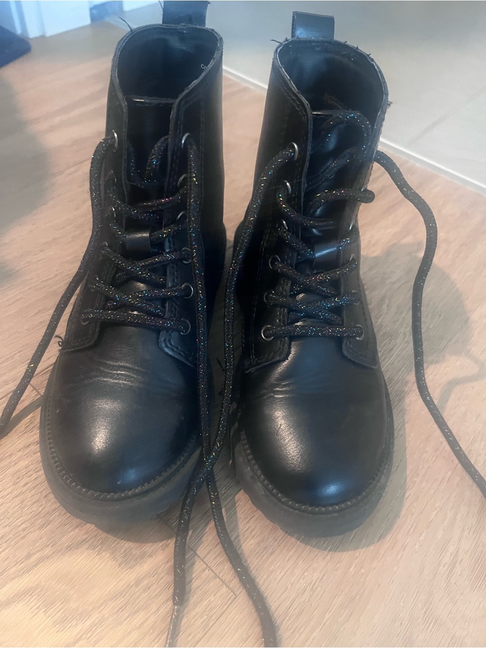 Old Navy kids Black Combat Boots with Glitter Laces